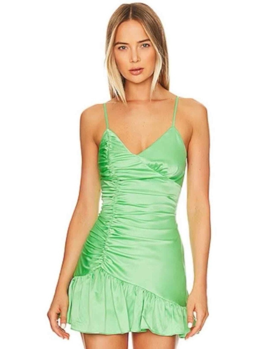 MAJORELLE Mint Green Ruched Satin Spaghetti Strap Mini Dress